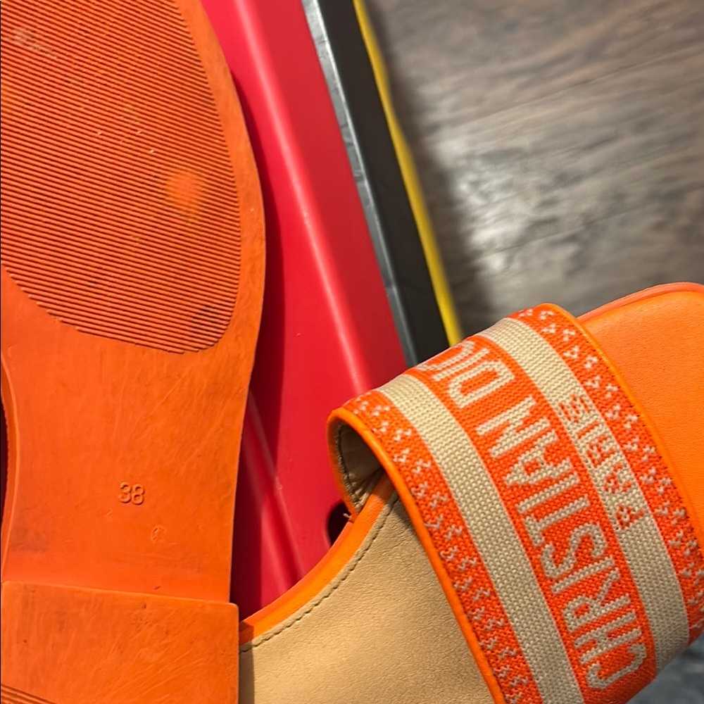 Dior Orange Canvas Logo Slide Sandals with Tan Footbed and Orange Trim - Picture 3 of 7